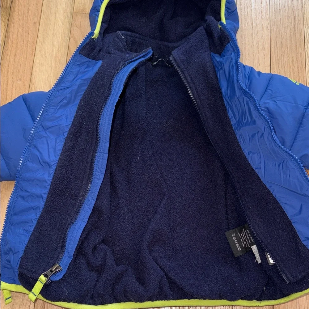 SNOZU Toddler Blue & Neon Green Hood Puffer Fleece Lined Jacket with Double Zip